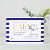 Invitation Marine & White Stripe Faux Gold Boy Baby shower (Debout devant)