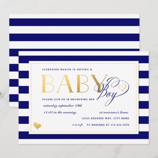 Invitation Marine & White Stripe Faux Gold Boy Baby shower (Devant / Derrière)