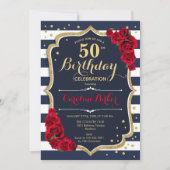 Invitation Marine White Stripes Red Roses Photo 50e anniversa (Devant)