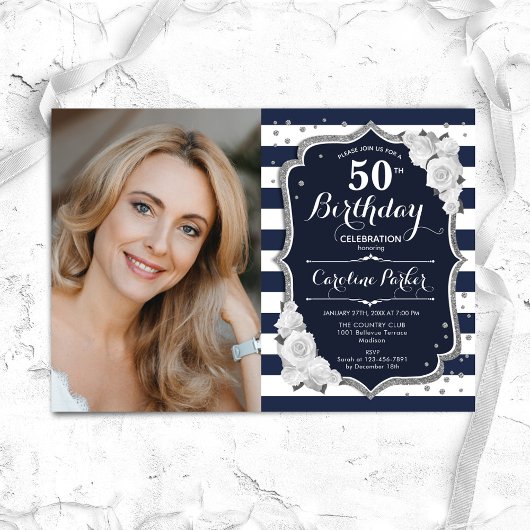 Invitation Marine White Stripes Silver Photo 50e anniversaire