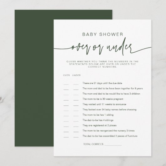 Invitation MARLO Bohemian Green Over Under Baby shower Game (Devant / Derrière)