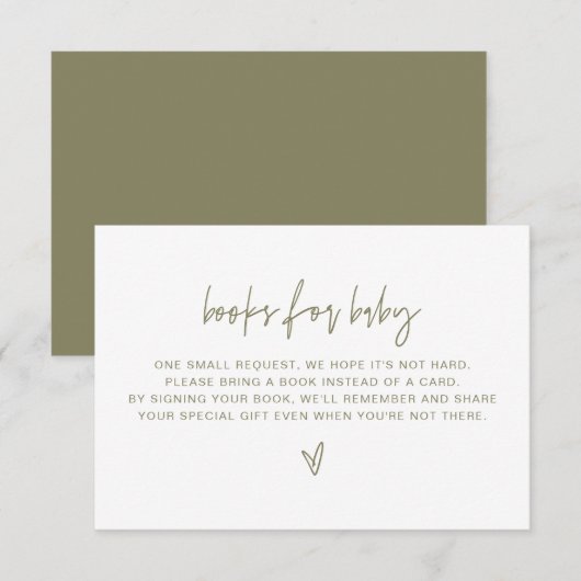 Invitation MARLO Bohemian Olive Green Livres pour Baby Card (Devant / Derrière)