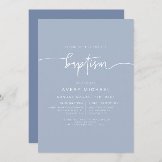 Invitation MARLO Moderne Boho Dusty Blue Boy Baptême (Devant / Derrière)