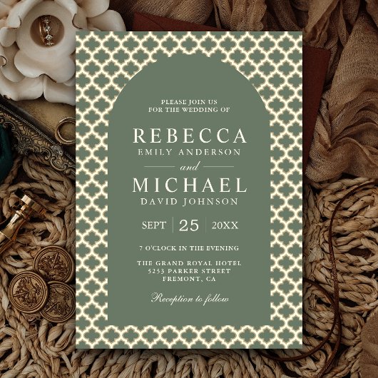 Invitation Marocain Quatrefoil Boho Sage Green Arche Mariage