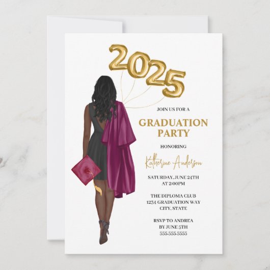 Invitation Maroon African American Female Photo Graduation (Devant)