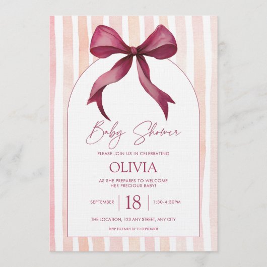 Invitation Maroon and Pink Bow Watercolor Baby Shower (Devant)