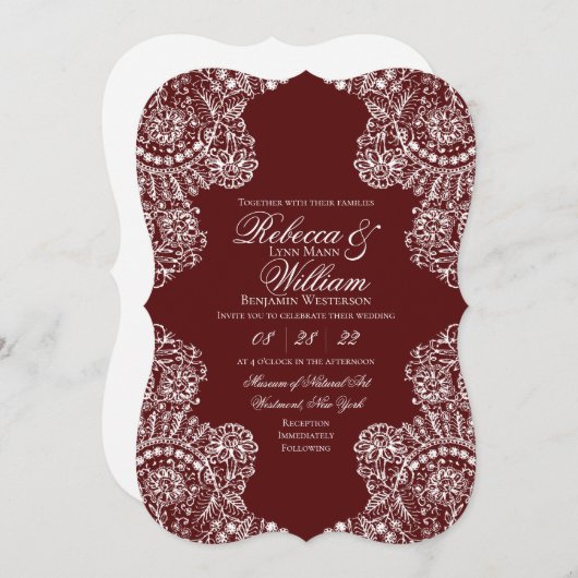 Invitation Maroon Blanc dentelle Élégante mariage vintage (Devant / Derrière)