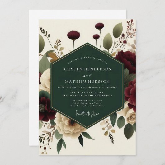 Invitation Maroon Bloom Romantic Elegance Wedding (Devant / Derrière)