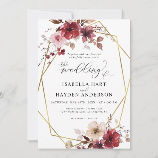 Invitation Maroon Blush Beige Floral Mariage Or Frame (Devant)