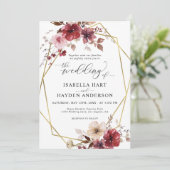 Invitation Maroon Blush Beige Floral Mariage Or Frame (Debout devant)