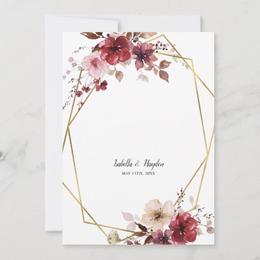 Invitation Maroon Blush Beige Floral Mariage Or Frame (Dos)