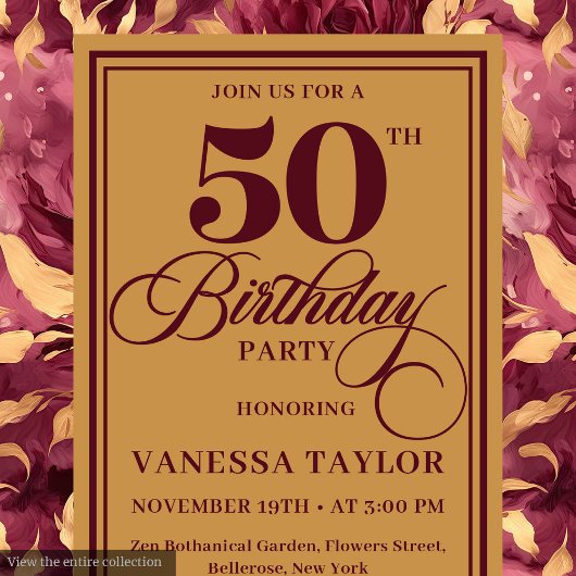 Invitation Maroon boho floral blush or roses 50e anniversaire