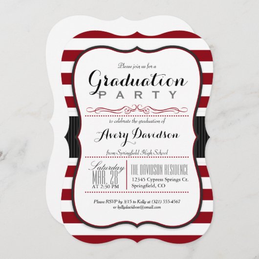 Invitation Maroon, Bourgogne & Blancs Gradupe Party (Devant / Derrière)