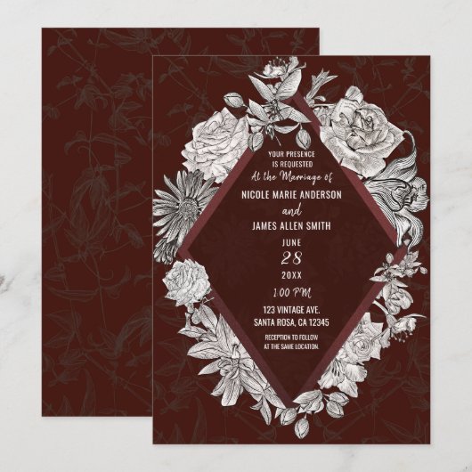 Invitation Maroon Bourgogne Diamond Vintage Fleurs Mariage (Devant / Derrière)