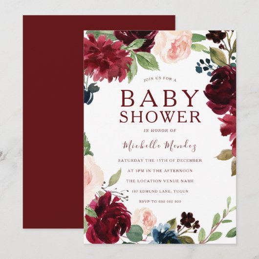 Invitation Maroon Bourgogne Rouge Beau Baby shower (Devant / Derrière)