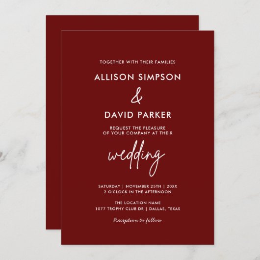 Invitation Maroon Bourgogne Simple Mariage moderne (Devant / Derrière)
