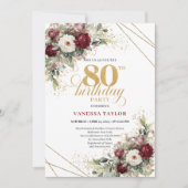 Invitation Maroon Burgundy Flowers 80th Birthday (Devant)