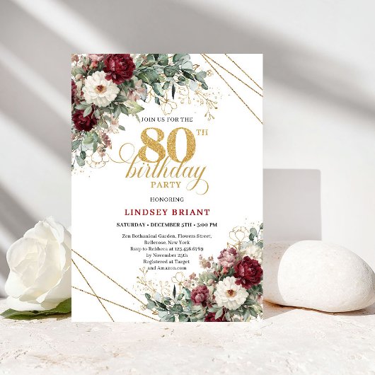 Invitation Maroon Burgundy Flowers 80th Birthday