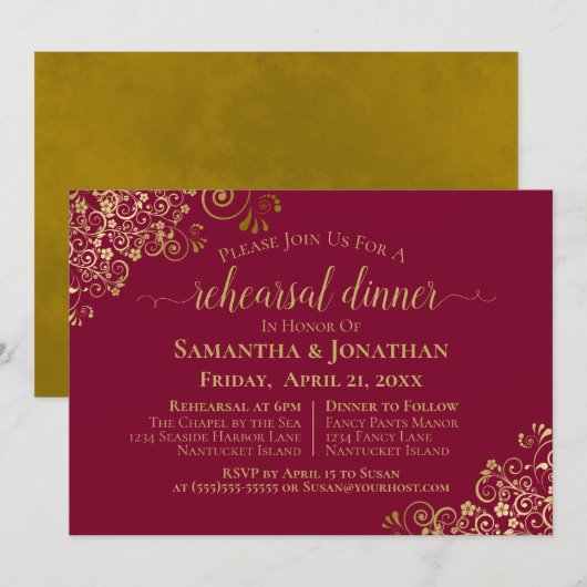 Invitation Maroon Burgundy & Gold Mariage Répétition & Dîner (Devant / Derrière)