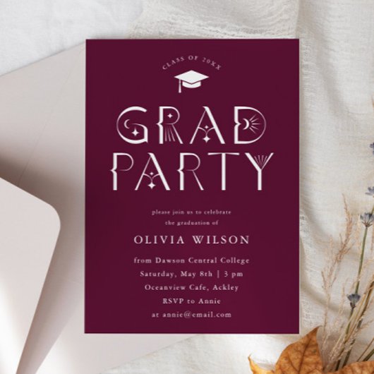 Invitation Maroon Céleste Typographie Grad Party