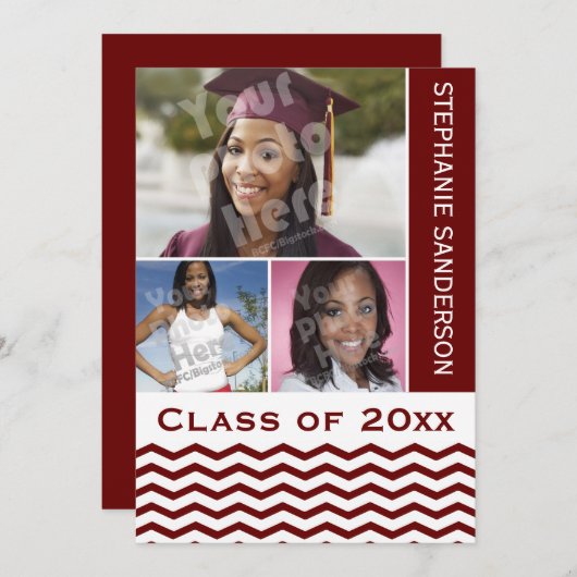 Invitation Maroon Chevron Graduation 3 Photo (Devant / Derrière)