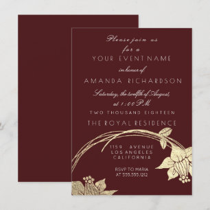 Invitation Maroon de Bourgogne Champaign Gold Floral Wreath