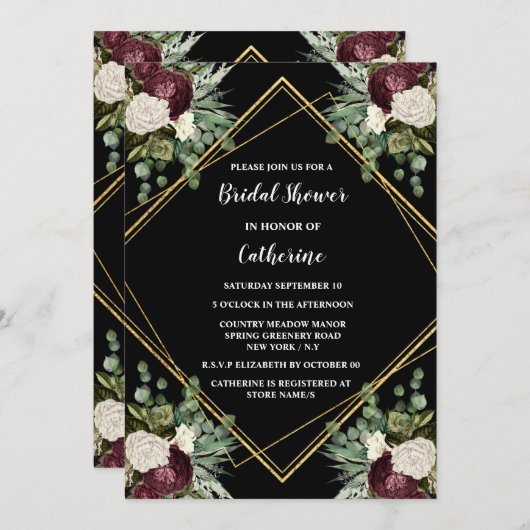 Invitation Maroon d'or blanc rose botanique chic floral (Devant / Derrière)
