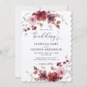 Invitation Maroon Dusty Rose Floral Tout en 1 QR Code Mariage (Devant)