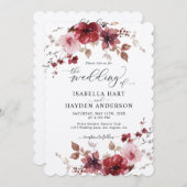 Invitation Maroon Dusty Rose Floral Tout en 1 QR Code Mariage (Devant / Derrière)