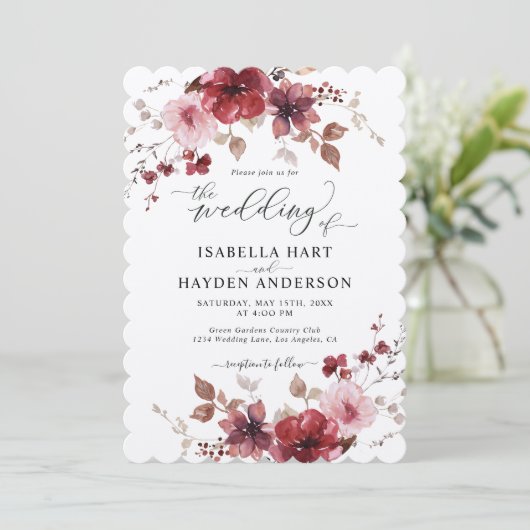 Invitation Maroon Dusty Rose Floral Tout en 1 QR Code Mariage (Debout devant)