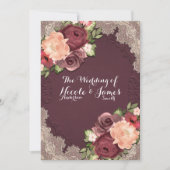 Invitation Maroon Elegant Dentelle & Floral Moderne Mariage c (Devant)