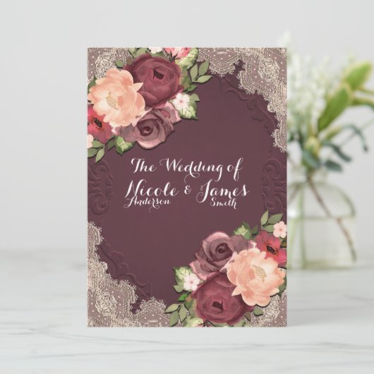Invitation Maroon Elegant Dentelle & Floral Moderne Mariage c (Debout devant)