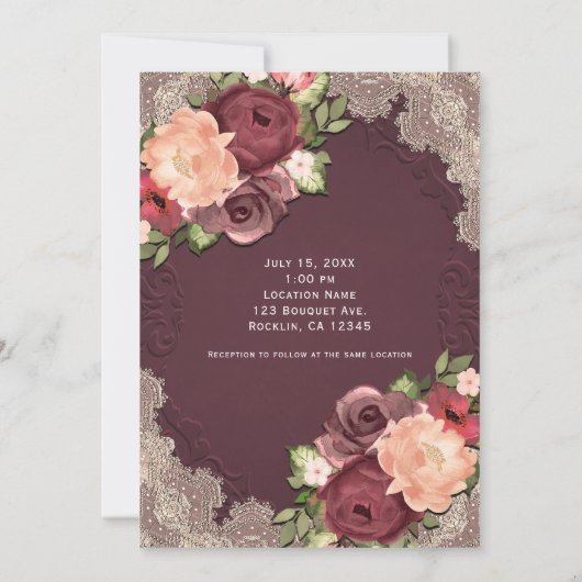 Invitation Maroon Elegant Dentelle & Floral Moderne Mariage c (Dos)