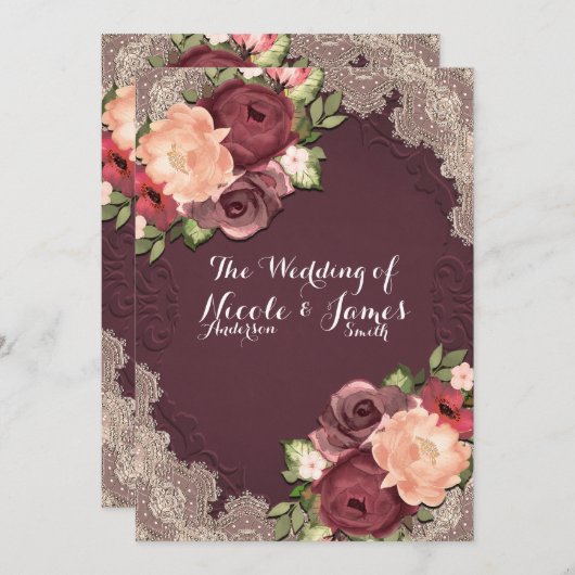 Invitation Maroon Elegant Dentelle & Floral Moderne Mariage c (Devant / Derrière)