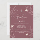 Invitation Maroon Elegant Feuille Butterfly Cross Baptism (Devant)