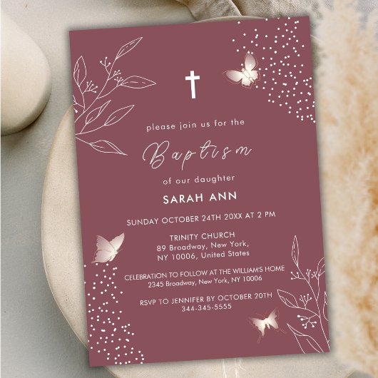 Invitation Maroon Elegant Feuille Butterfly Cross Baptism