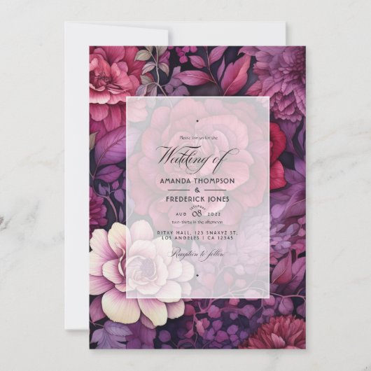 Invitation Maroon et Mariage de automne floral pourpre foncé (Devant)