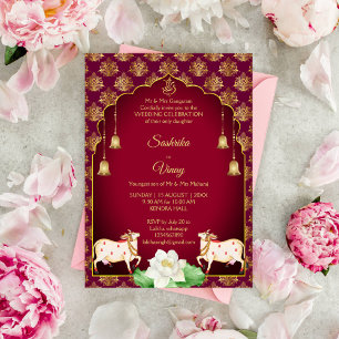 Invitation Maroon et or Gomata blanc lotus mariage