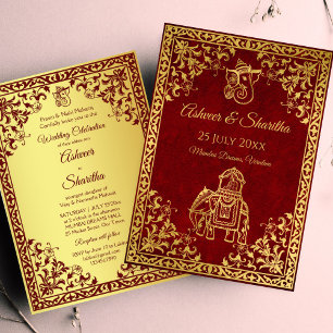 Invitation Maroon et or mariage indien éléphants grooms