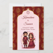 Invitation Maroon et or mignon dessin animé de couple de mari (Devant)