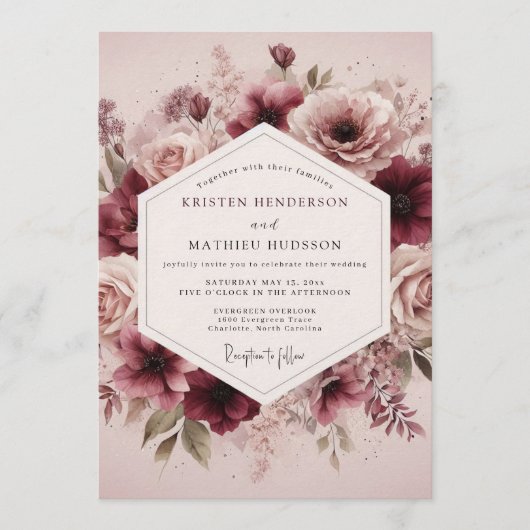 Invitation Maroon Ethereal Bloom Wedding (Devant)