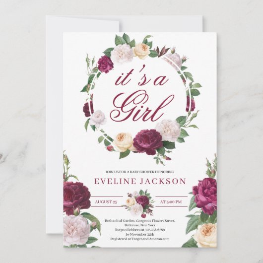 Invitation Maroon fleurissant et crème rose fille baby shower (Devant)
