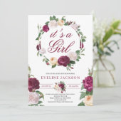 Invitation Maroon fleurissant et crème rose fille baby shower (Debout devant)