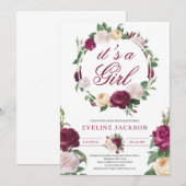 Invitation Maroon fleurissant et crème rose fille baby shower (Devant / Derrière)