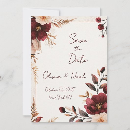Invitation Maroon Floral Enregistrer la date (Devant)
