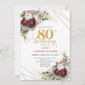 Invitation Maroon Floral Greenery Gold 80th Birthday (Devant)