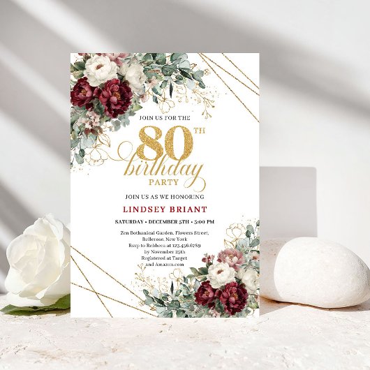 Invitation Maroon Floral Greenery Gold 80th Birthday