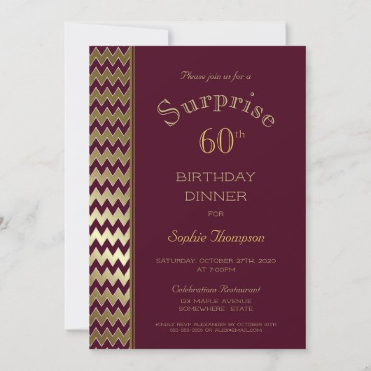 Invitation Maroon Gold Chevron Surprise 60e Anniversaire Dîne (Devant)
