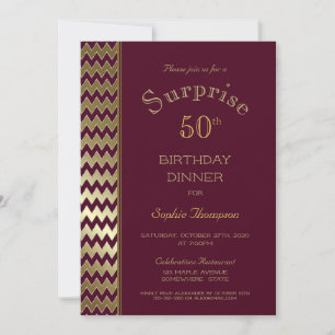 Invitation Maroon Gold Chevron Surprise Dîner 50e Anniversair