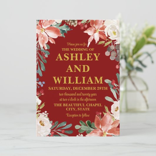 Invitation Maroon Gold Chic Noël hiver Mariage de verdure (Debout devant)